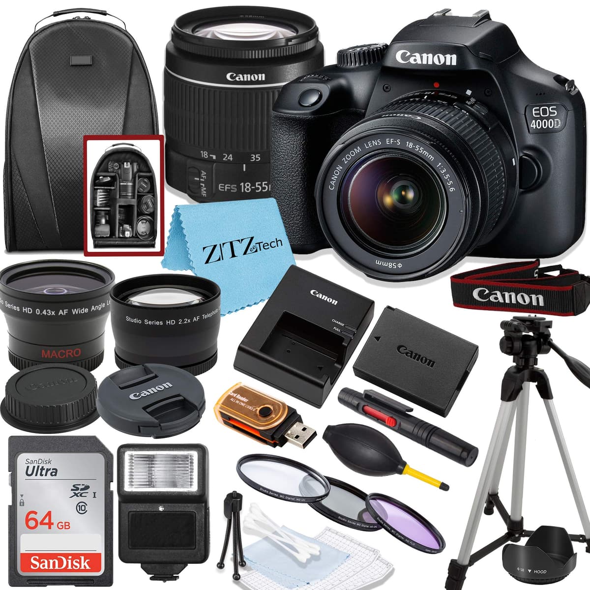 Cámara réflex Canon EOS T100/4000D con lente EF-S 18-55mm, tarjeta SanDisk, trípode, flash, mochila + paquete de accesorios ZeeTech (Canon 18-55mm, SanDisk 64GB) (Reacondicionada) MDCN4000DDC-cr