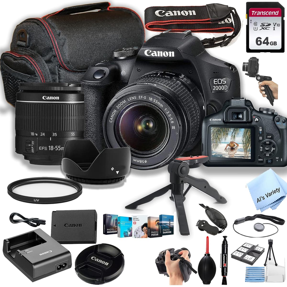 Cámara réflex Canon EOS 2000D / Rebel T7 con objetivo EF-S 18-55 mm f/3.5-5.6 + tarjeta de 64GB, funda, trípode Gripster y más (paquete de 26 pz) (Reacondicionado) CN-2000D-1855LTE-81423-cr