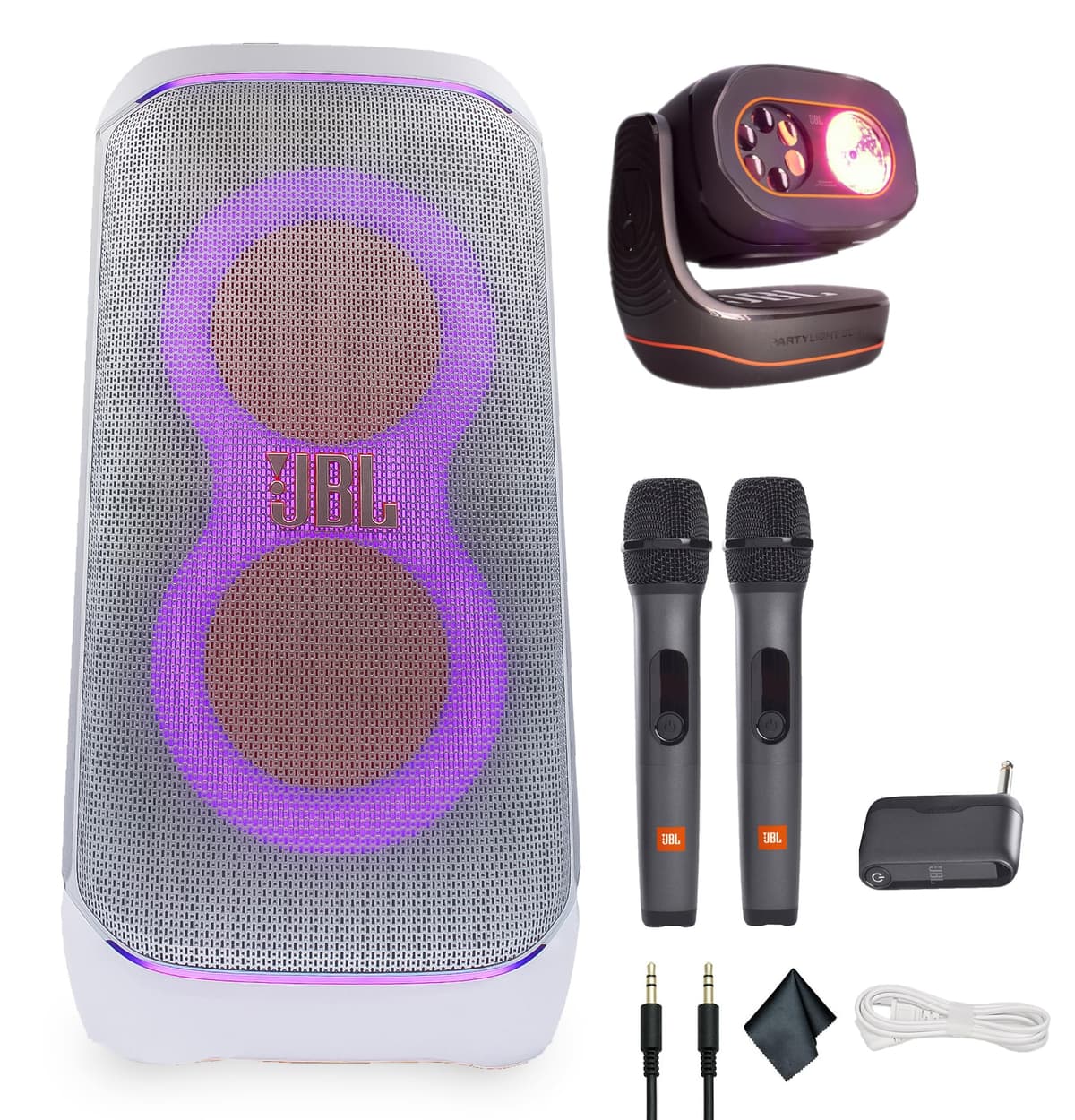 JBL PartyBox Club 120 Blanco - Parlante portátil inalámbrico resistente a salpicaduras de 160 W + Luz de fiesta tipo haz + Sistema inalámbrico de dos micrófonos con receptor + Cable AUX + Paño de microfibra JBLPARTYBOX120WHPB_EDI_3