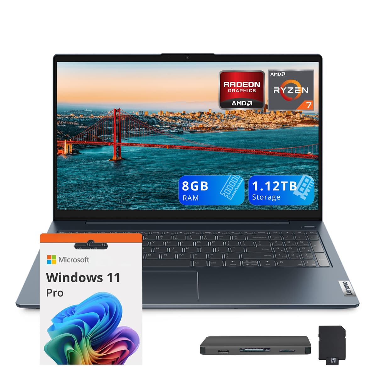 Lenovo IdeaPad 5 15.6" FHD Laptop, AMD Ryzen 7 5825U, 8GB RAM, 1.12TB de almacenamiento (1TB SSD + estación de acoplamiento de 128GB), gráficos AMD Radeon, teclado retroiluminado, teclado numérico, cámara 1080p, Windows 11 Pro, Azul Abismo