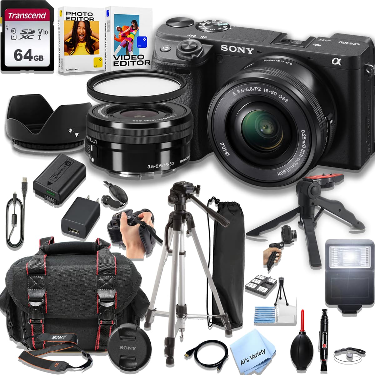Sony Alpha a6400 mirrorless con lente 16-50mm y kit de accesorios (Renewed) - Negro CN-A6400165064GB-120423-cr