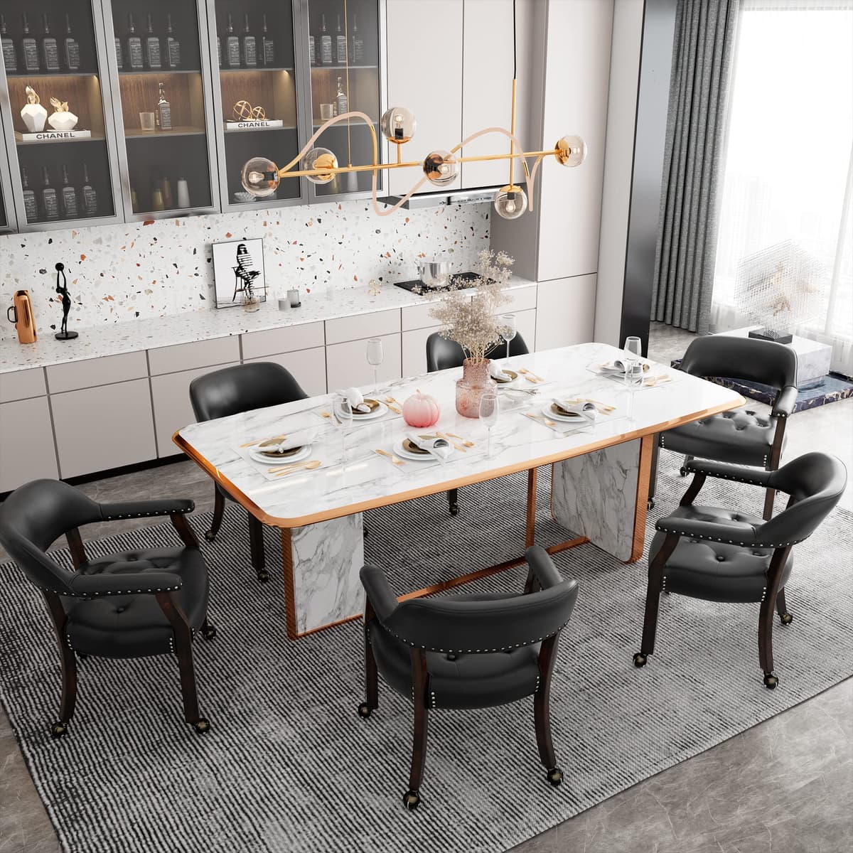 MODERION Sillas de comedor con ruedas y brazos juego de 6, sillones capitán con patas de madera, tapizado con botones, giratorias 31.5”H Leg. marrón & Negro SY318BK