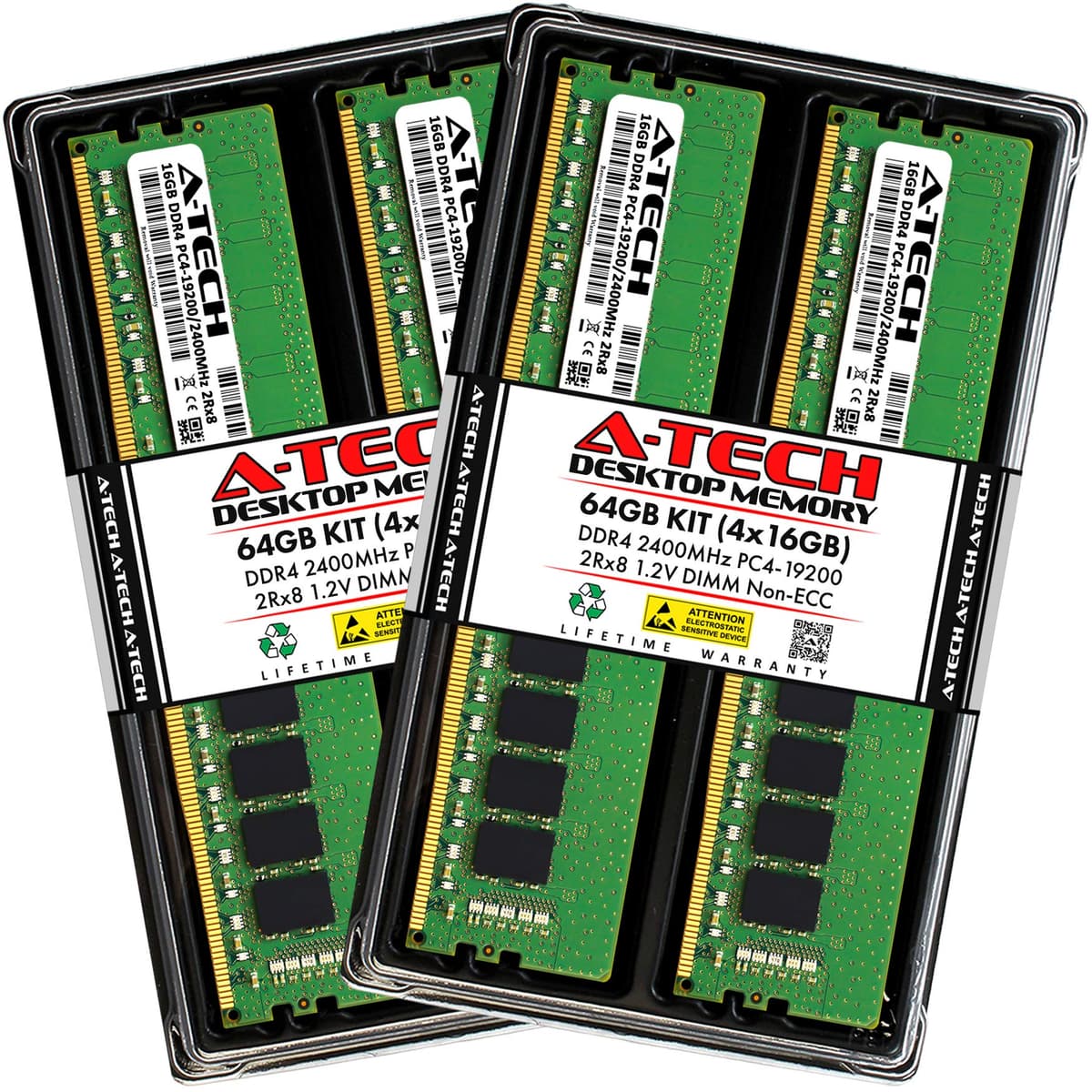 A-Tech 64GB (4x16GB) DDR4 2400 MHz UDIMM PC4-19200 (PC4-2400T) CL17 DIMM 2Rx8 No ECC Módulos de Memoria RAM para Desktop AT16G4D4D2400ND8N12V