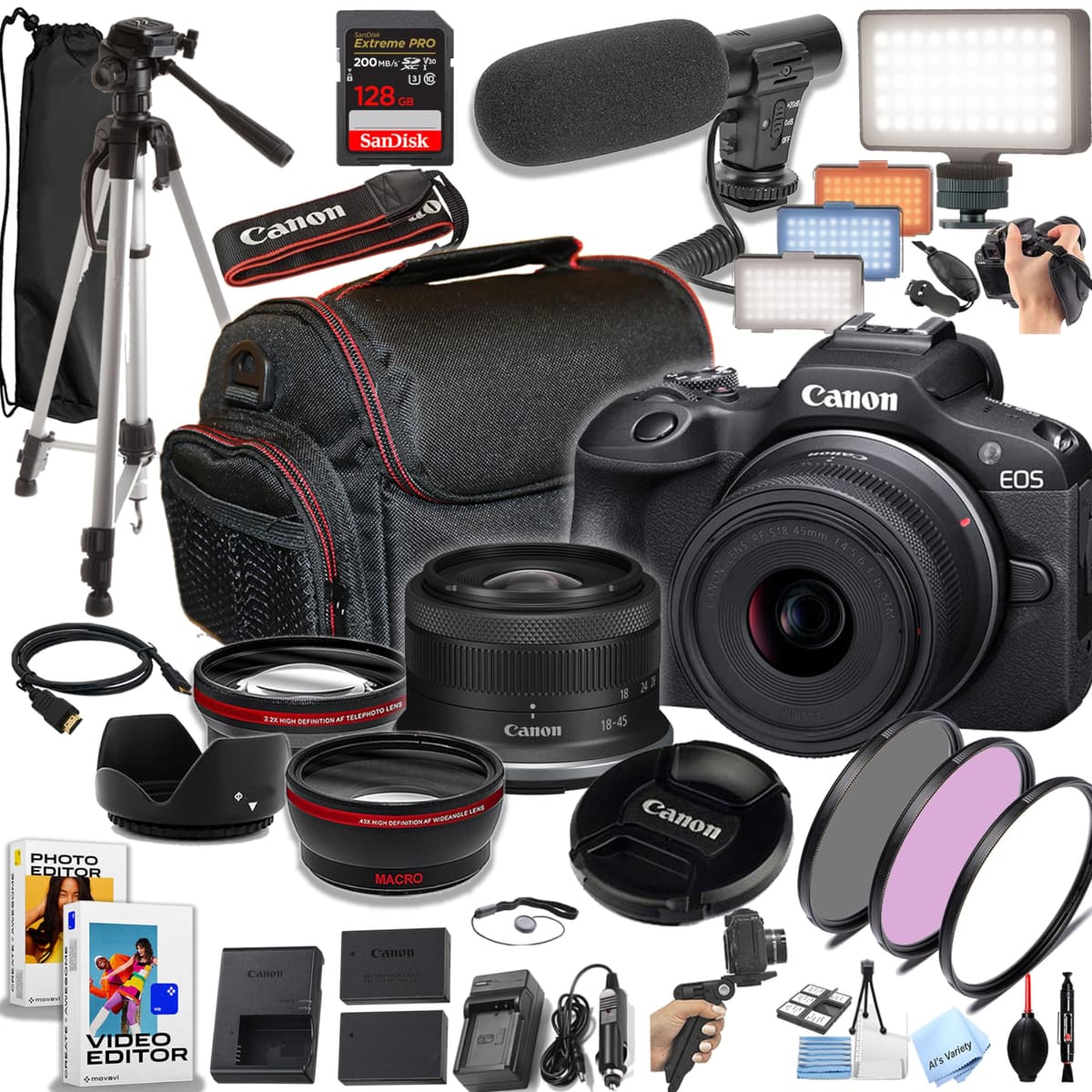 Canon EOS R100 cámara sin espejo sensor APS-C CMOS 24.2MP con lente 18-45mm, memoria Extreme Speed 128GB, luz para video, micrófono, empuñadura, filtros, lentes, funda, software y más (Paquete Premium) (Reacondicionado) CN-R1001845128EX-VCK-050724-cr