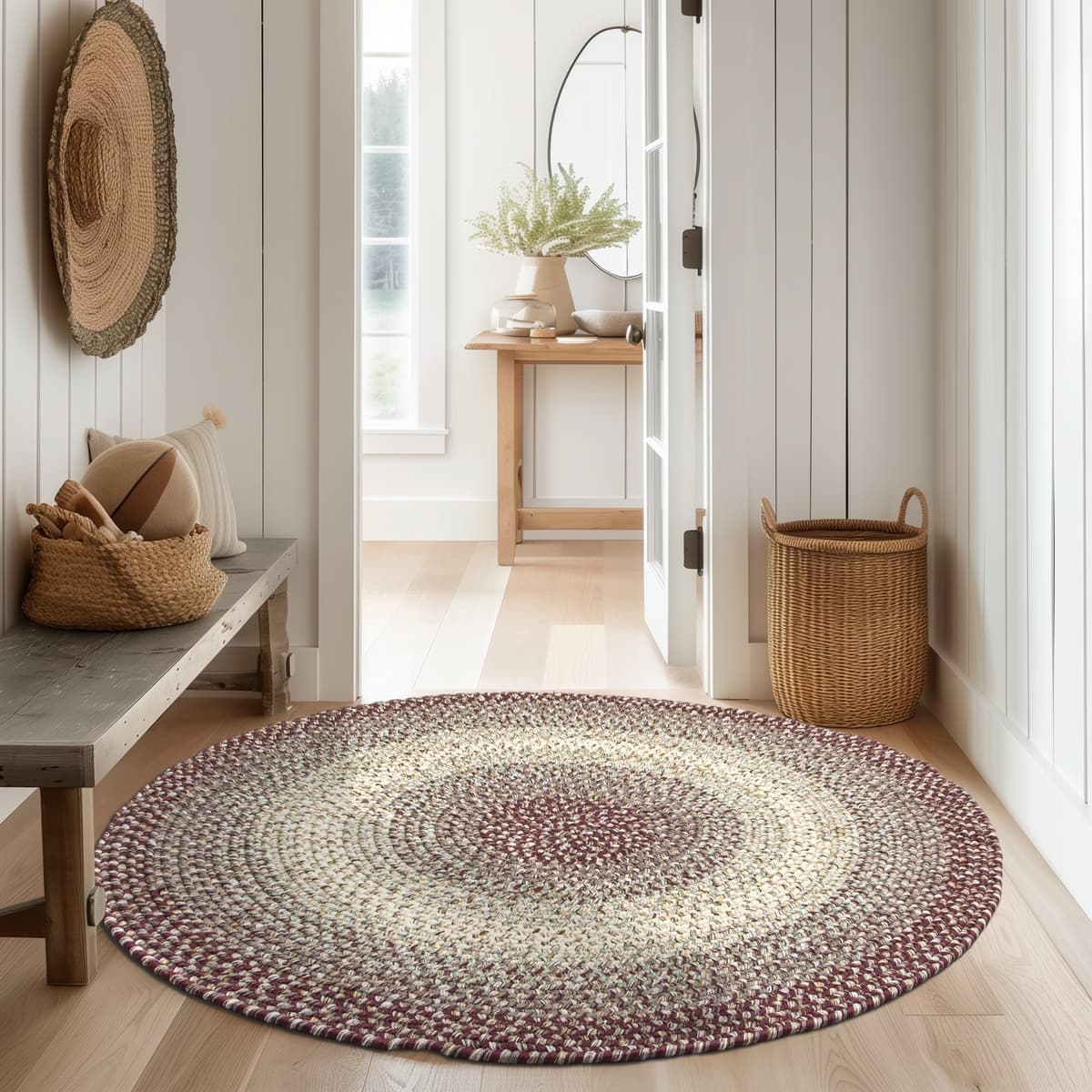 Super Area Rugs Alfombra Trenzada Redonda 8ft Ridgewood Burgundy Reversible Indoor/Outdoor RI46R096X096