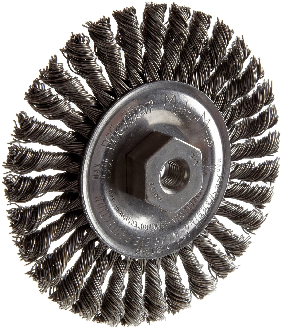 Cepillo de rueda Weiler 13127 Dualife Knot Wire, 4" diámetro, acero, M14 x 2.0 (Pack de 5)