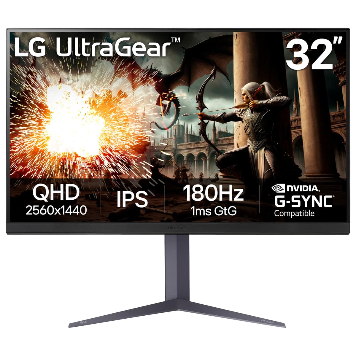 LG Ultragear 32" QHD (2560x1440) Monitor para Gaming, 180Hz, 1ms, IPS, DisplayHDR 400, Compatible con NVIDIA G-SYNC, AMD FreeSync, VESA Adaptive Sync, HDR10, Base con Inclinación/Altura/Pivote, HDMI, DisplayPort, Negro 32GS75Q-B.AUS