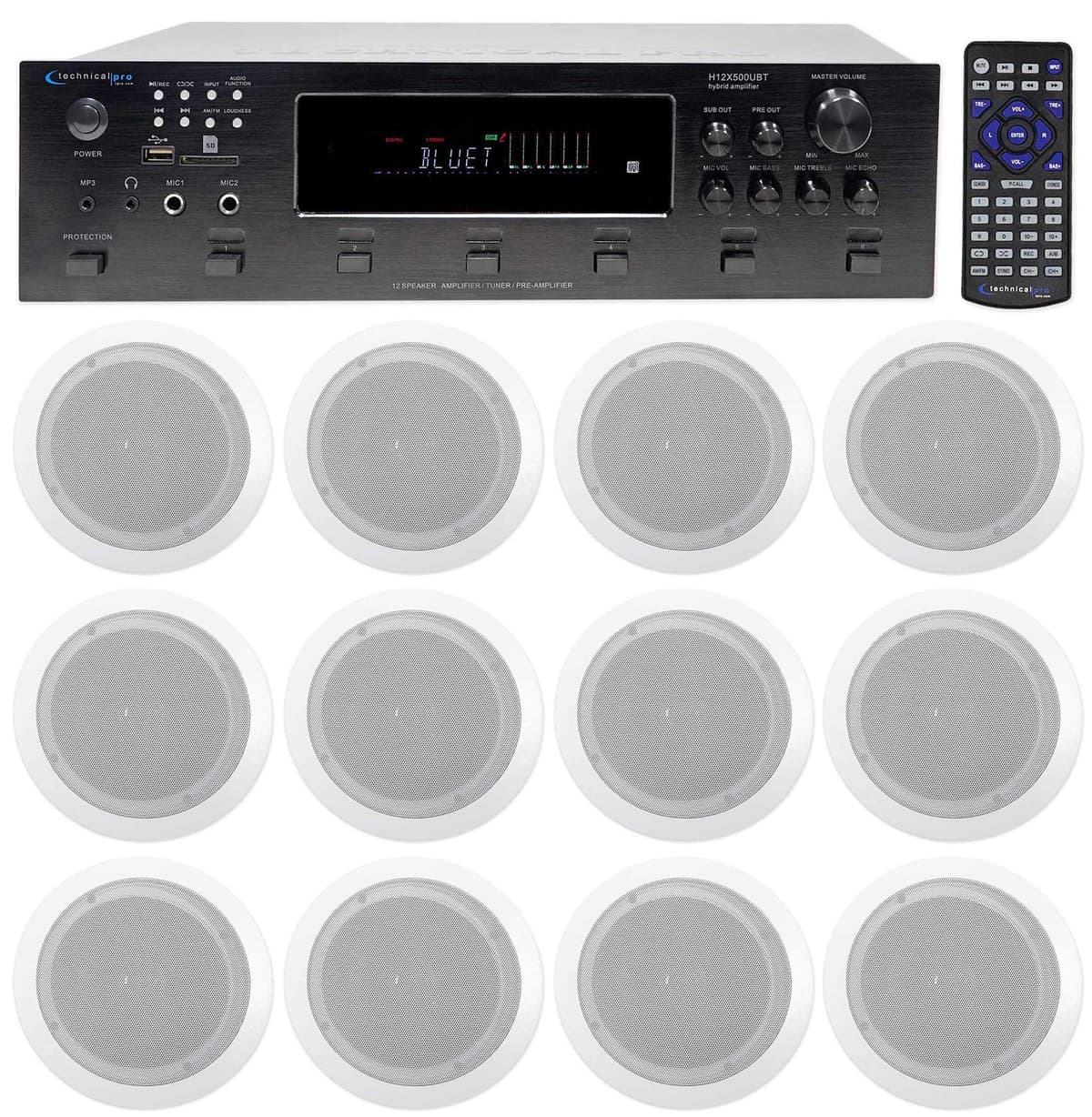 Technical Pro H12X500UBT + (6) Rockville HC655 - Bundle receptor 6 zonas Bluetooth con 12 parlantes in-ceiling H12X500UBT+(6) HC655