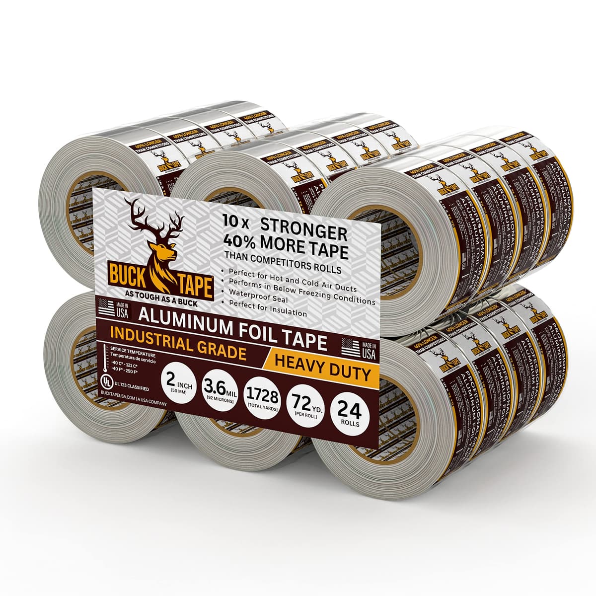 Buck Aluminum Foil Tape 2" x 216ft (72 yd) - 3.6 mil, Pack 24 - Cinta de aluminio para HVAC BFT-AL786