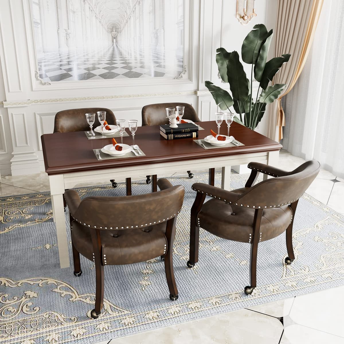 MODERION Sillas de comedor grandes con ruedas y brazos juego de 4, sillones capitán con patas de madera, tapizado con botones, giratorias 31.5”H Leg. marrón & Embossed Brown XXY1910BN
