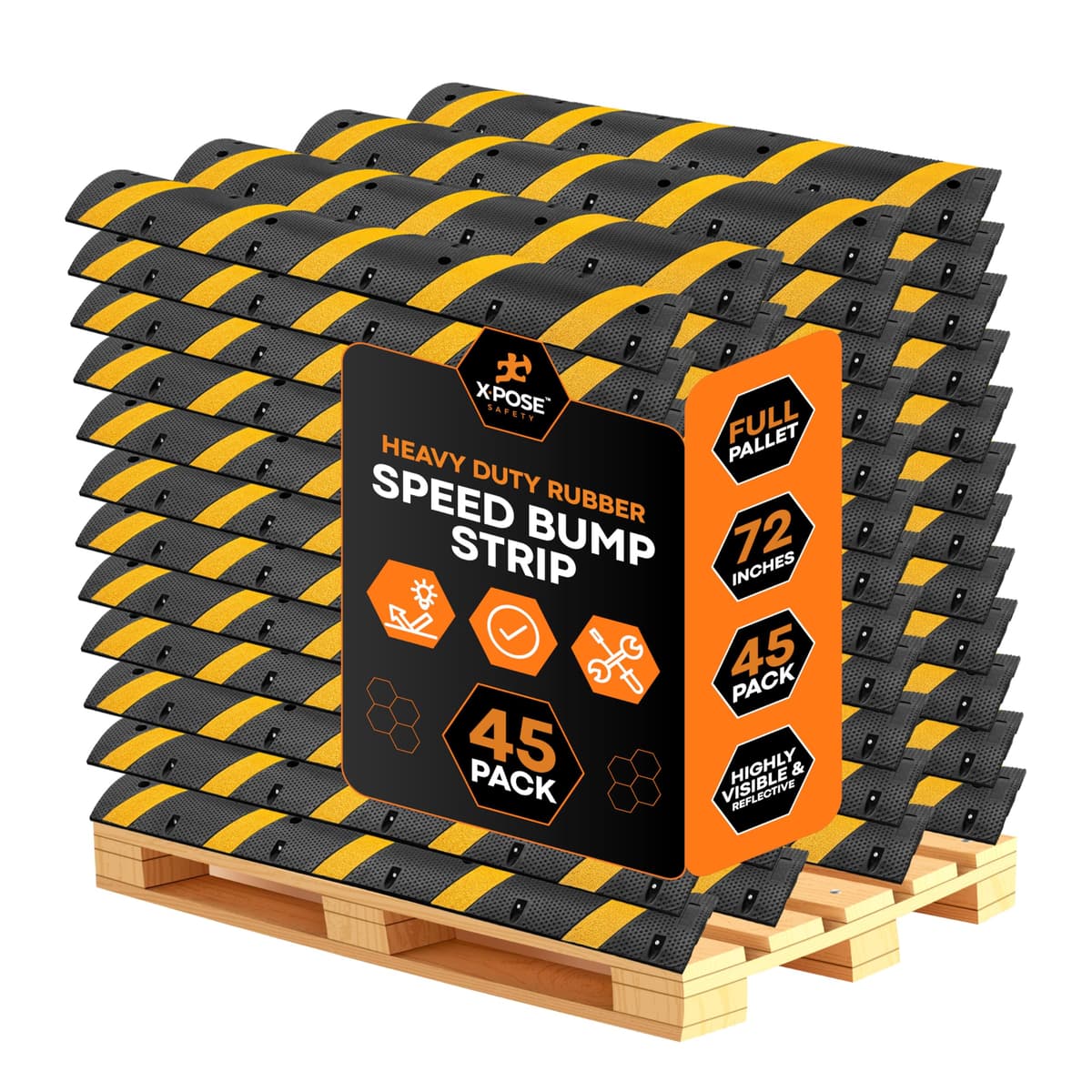 Xpose Safety Tope de Velocidad de Goma de 6 pies (Paquete de 45) - Palé Completo al por Mayor - Resistente Capacidad 22,000 lb, Tope de Tráfico Modular entrelazable para Control de Velocidad, Entradas, Calles, Estacionamientos y Seguridad Exterior RSH-6-45-X
