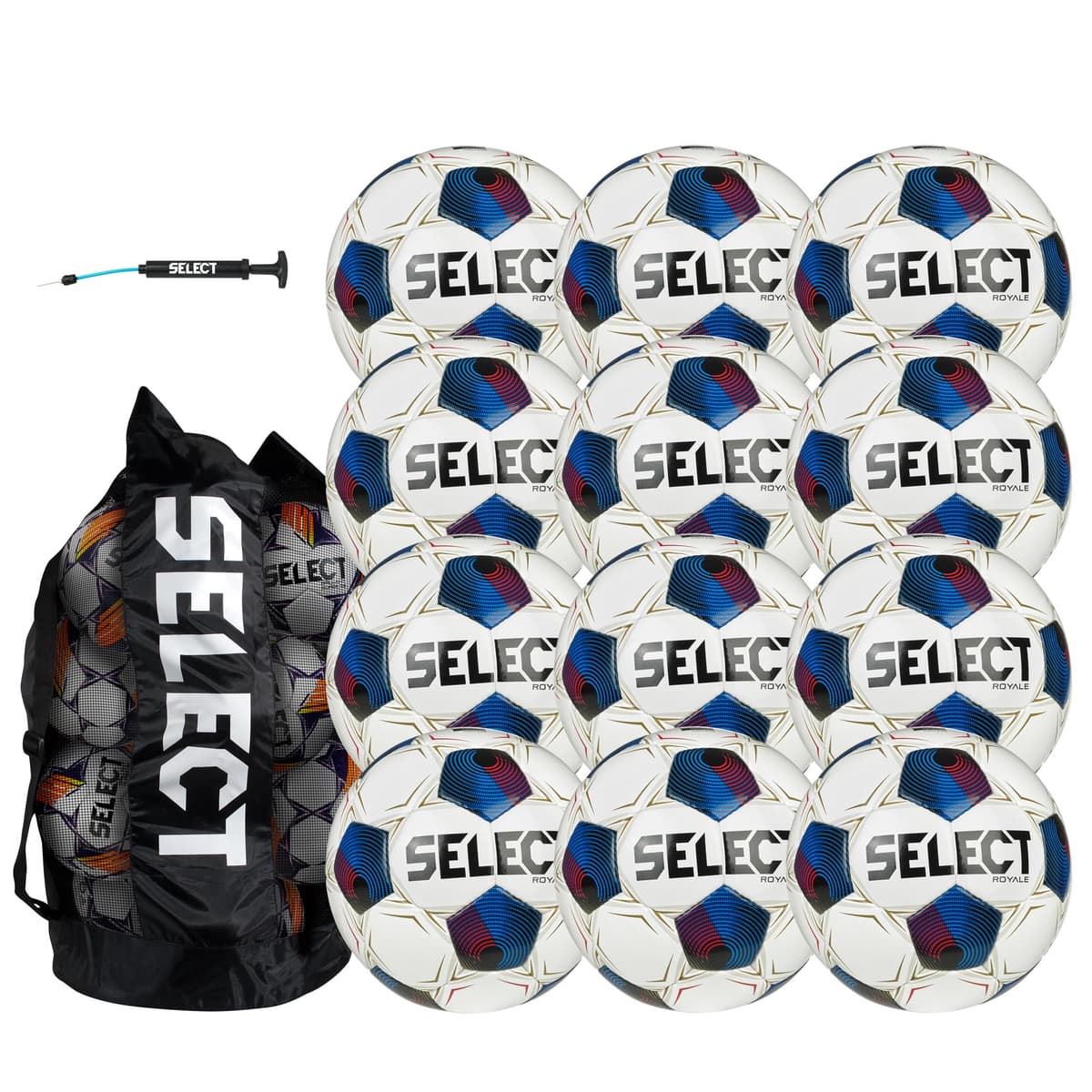 Select Royale balón de fútbol pack de 12 con bolso y bomba, blanco/azul/rojo V25, talla 5
