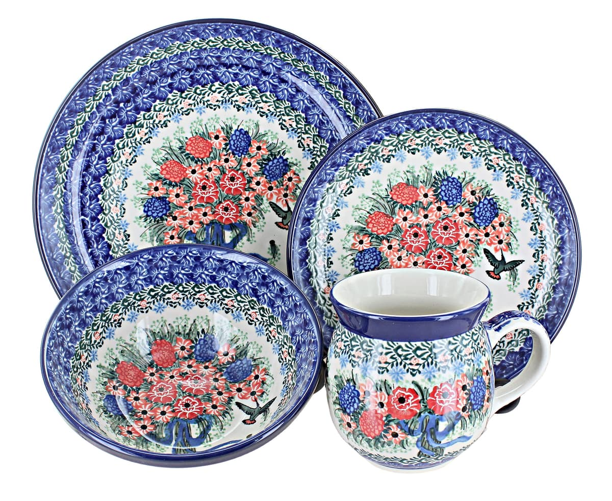 Blue Rose Polish Pottery - Pink Blush Bouquet Juego de vajilla 16 piezas para 4 personas 1000-U2797-4