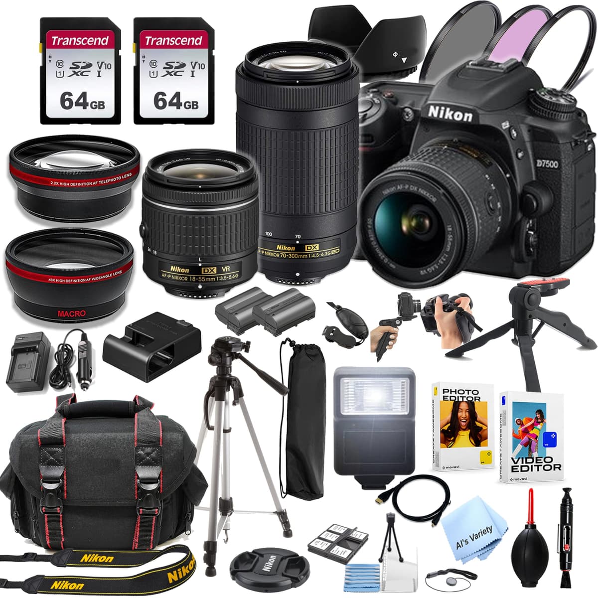 Kit Nikon D7500 DSLR con lentes 18-55mm y 70-300mm + accesorios y 128GB (Renewed) AV-D7500-185570300-8052X64-cr