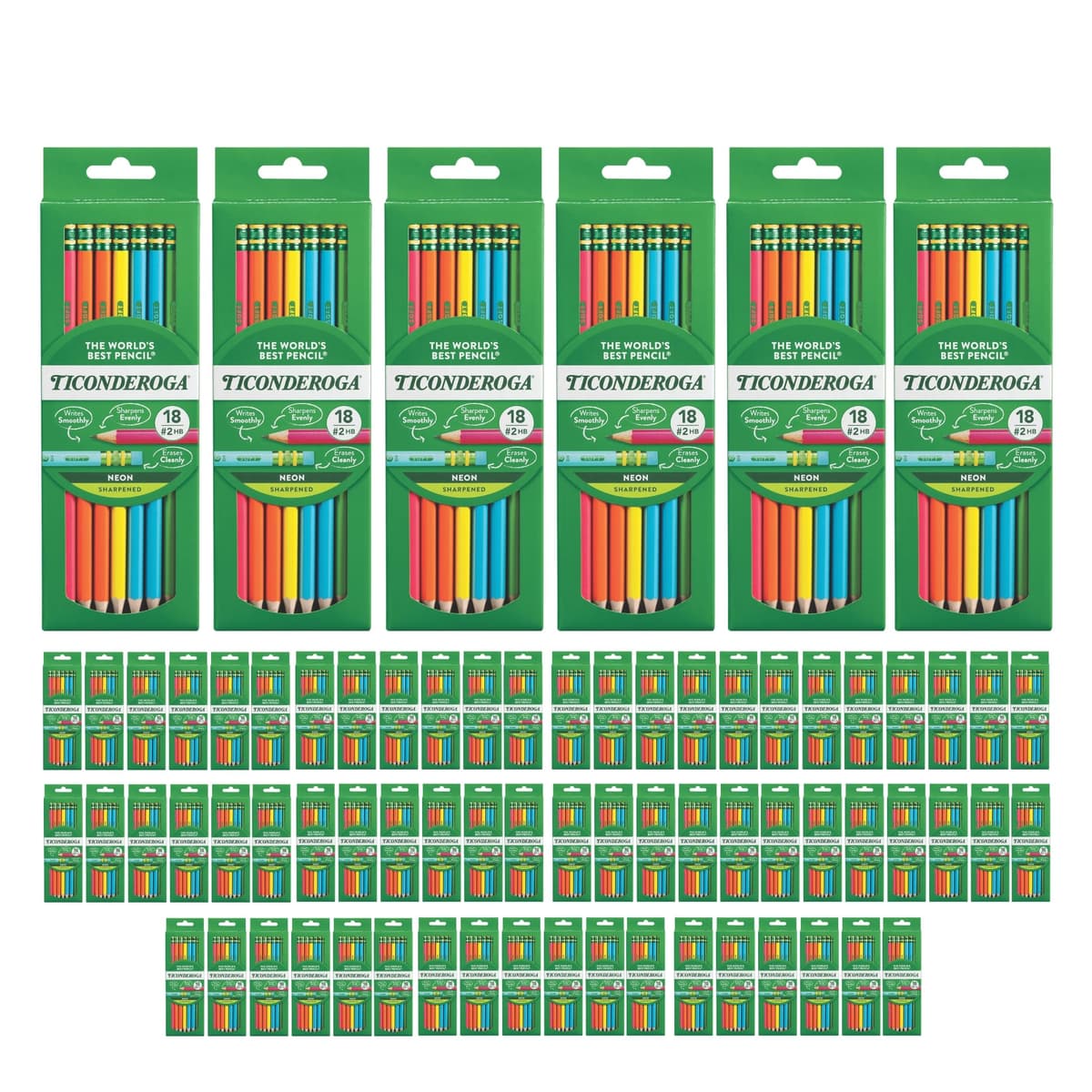 Ticonderoga Lápices de Madera Pre-Afilados #2 HB Neon, Paquete de 18 (Pack x72, 1296 Total) 13018