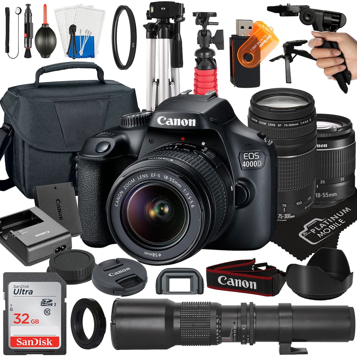 Canon EOS 4000D / Rebel T100 DSLR con Lentes 18-55mm y 75-300mm + Accesorios (Reacondicionado) GBCN4000D3L-cr