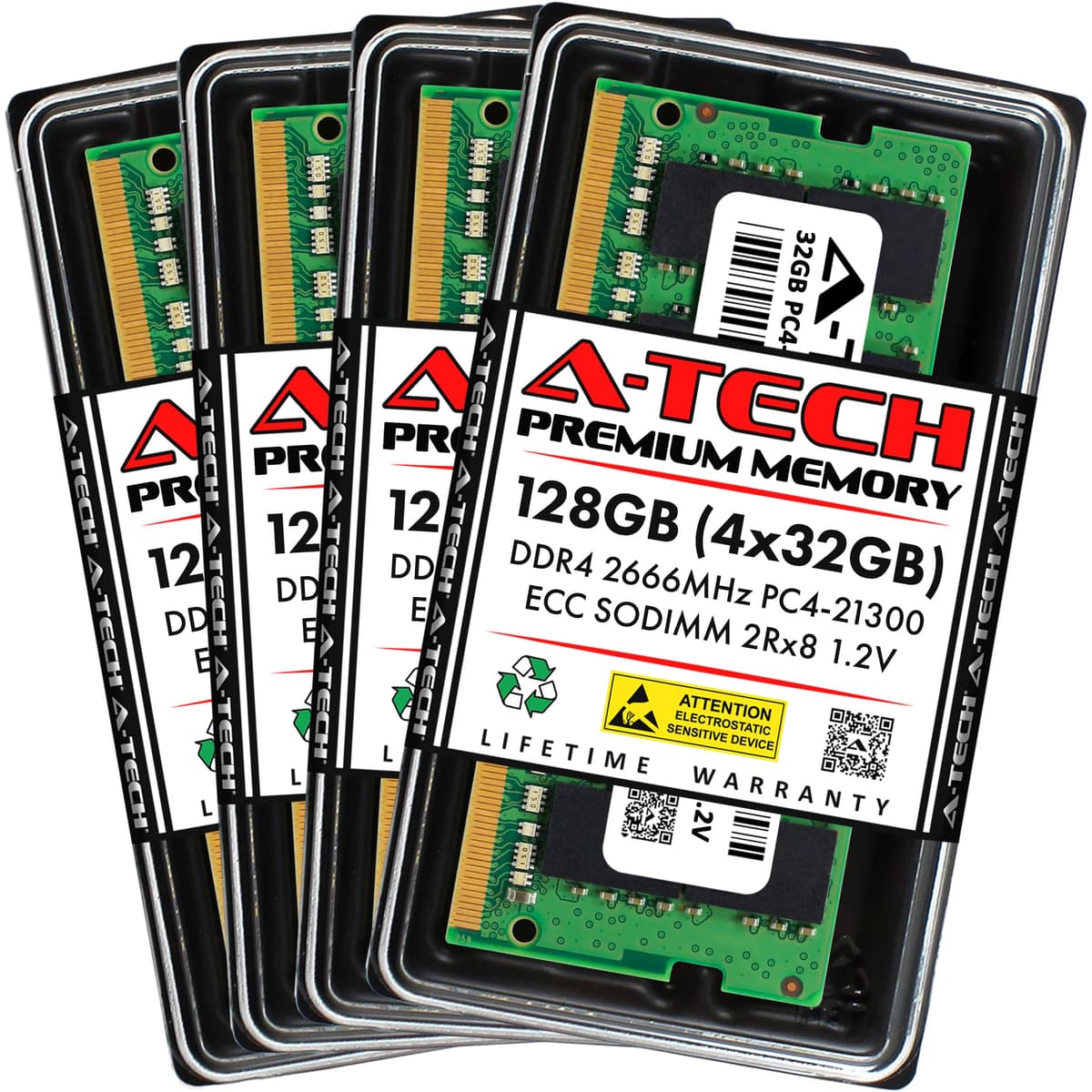 A-Tech 128GB Kit (4x32GB) DDR4 2666MHz PC4-21300 ECC SODIMM 2Rx8 Dual Rank 1.2V 260-Pin AT32G4D4S2666ED8N12V