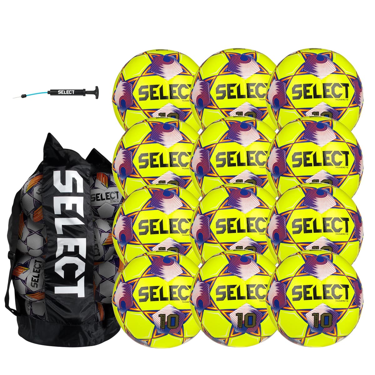Select Numero 10 Balón de fútbol, paquete de 12 con bolsa y bomba de mano, Amarillo/Azul/Rojo V25, Talla 5