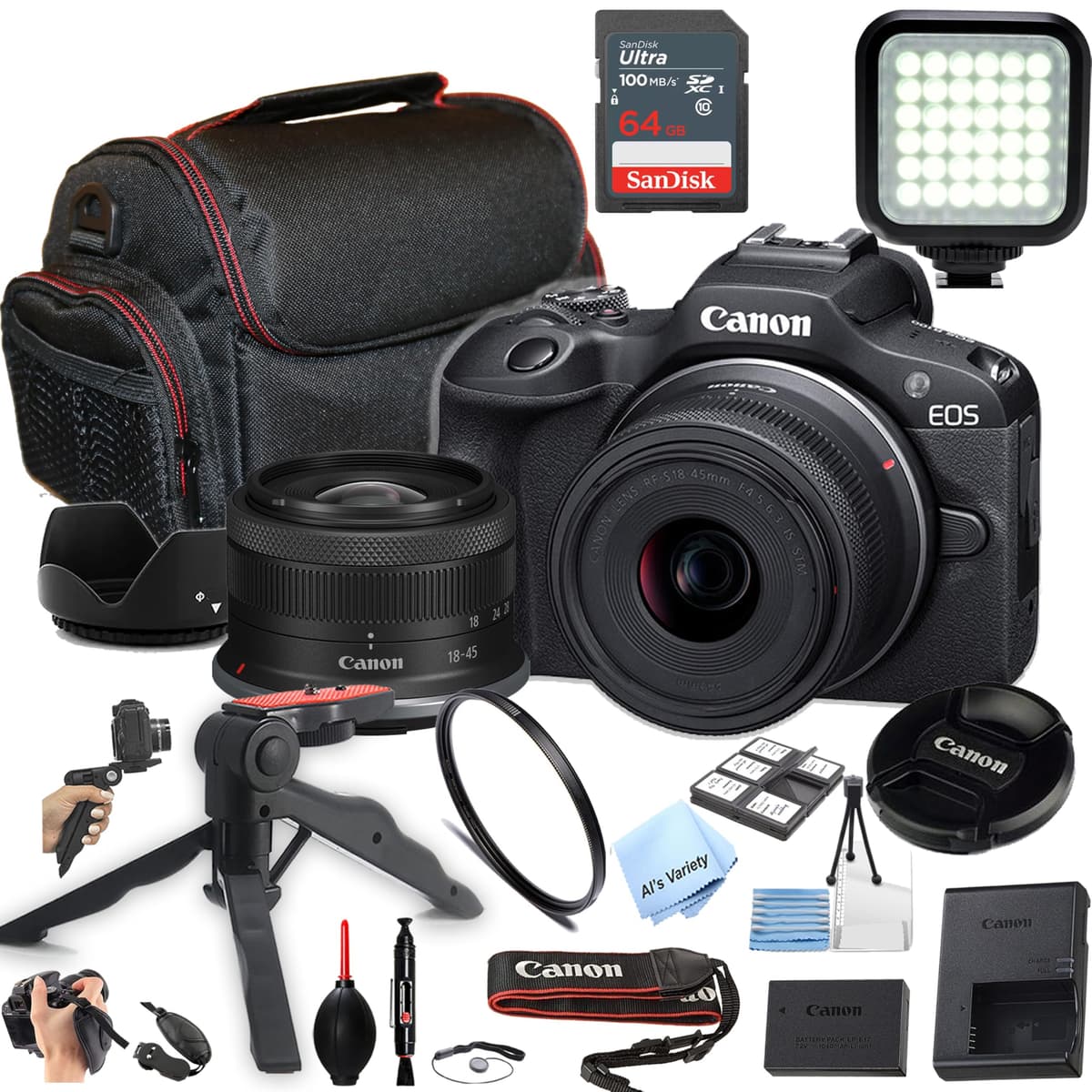Canon EOS R100 Cámara sin Espejo 24.2MP APS-C CMOS con Lente 18-45mm + Funda + Memoria Ultra 64GB + Luz LED para Video + Filtro + Más (Paquete Esencial) (Reacondicionada), Negro CN-R100184564BCC2-071824-cr