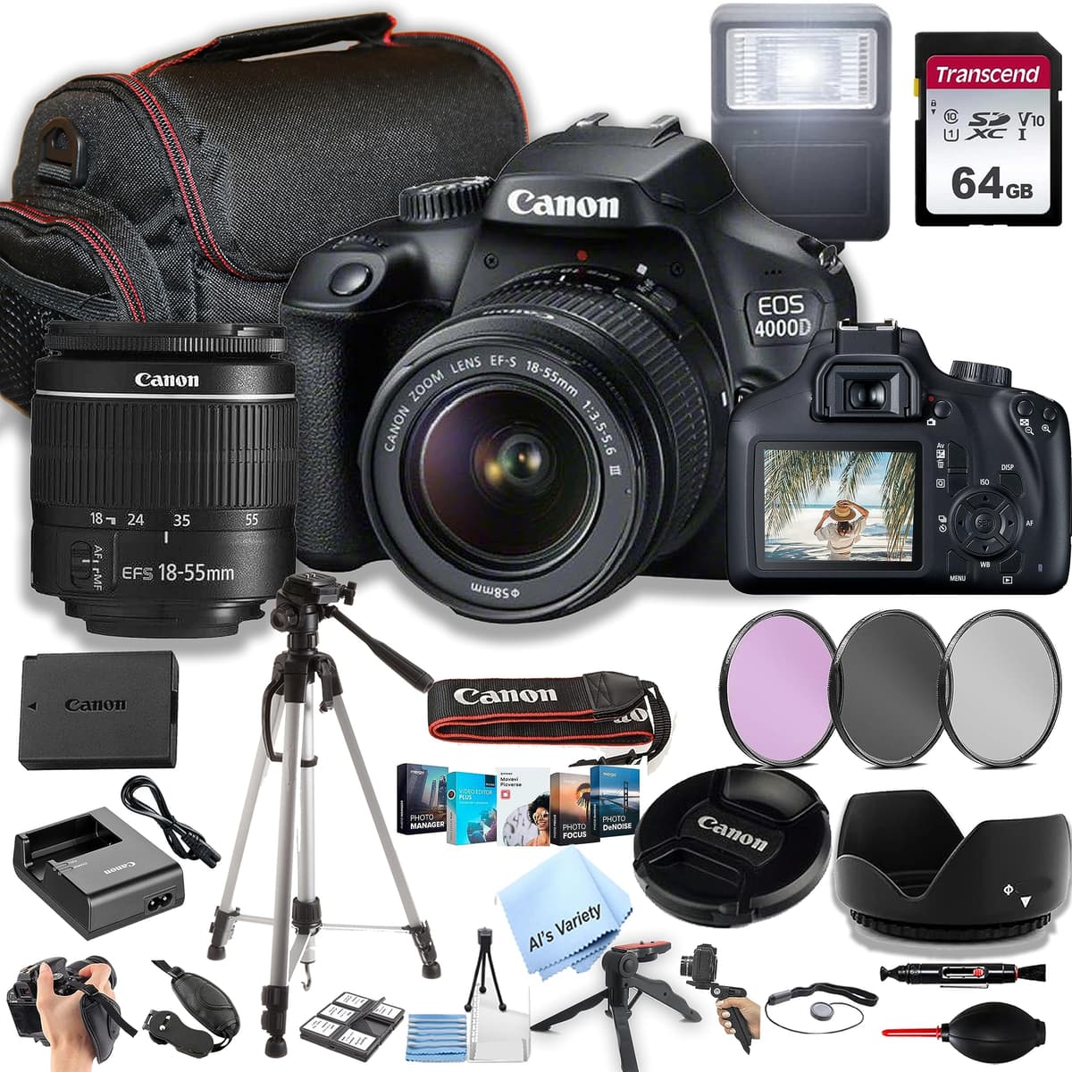 Cámara DSLR Canon EOS 4000D / Rebel T100 con lente EF-S 18-55mm f/3.5-5.6 + memoria de 64GB, filtros, estuche, trípode, flash y más (paquete de 34 piezas) (reacondicionada) CN-4000D-1855FLK-81423-cr