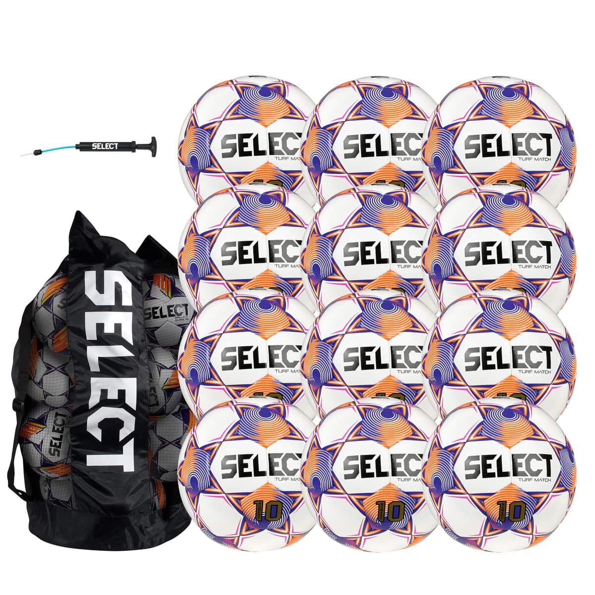 Select Numero 10 Turf Match Balón de fútbol, paquete de 12 con bolsa y bomba de mano, Blanco/Naranja/Púrpura V25, Talla 5 N10TurfMatch