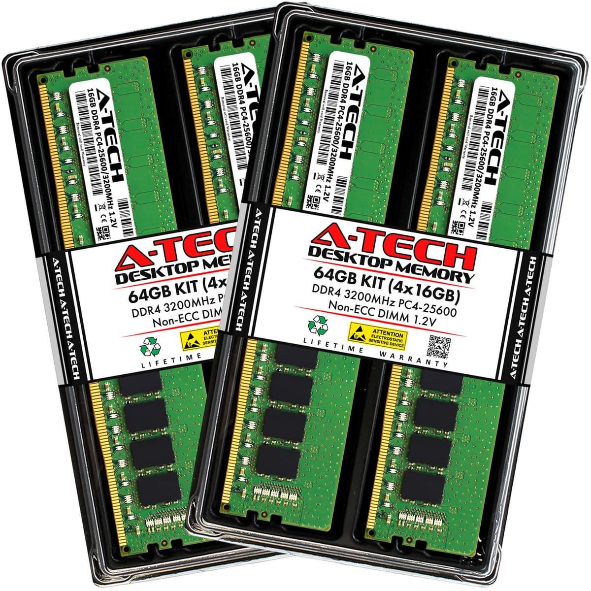 A-Tech 64GB (4x16GB) DDR4 3200 MHz UDIMM PC4-25600 (PC4-3200AA) CL22 Módulos de Memoria RAM DIMM No-ECC para Escritorio AT16G4D4D3200NA0N12V