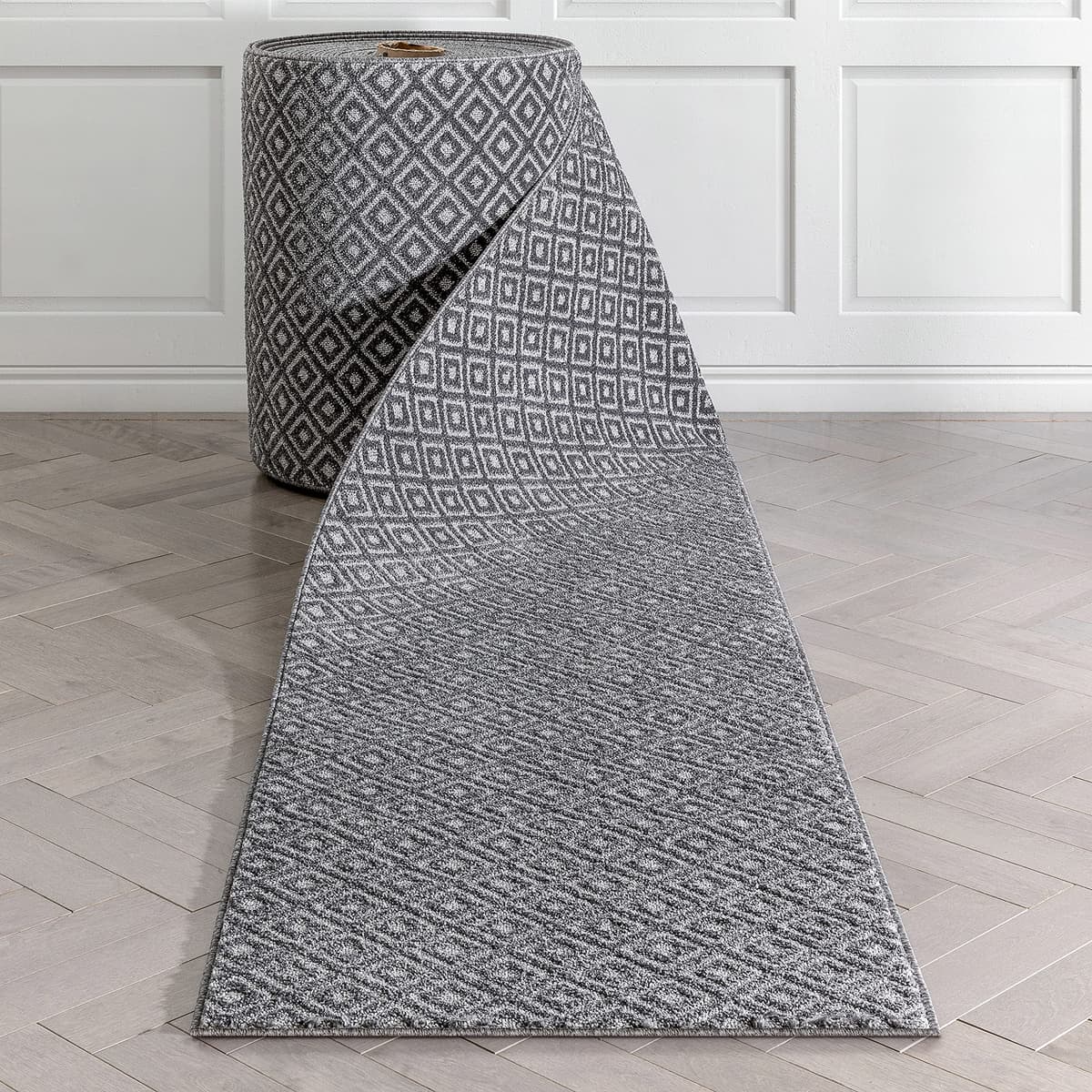 Well Woven Runner a Medida Piano Dark Grey Tribal Diamond Geometric 27" x 55' IHS-MG-253-R-55